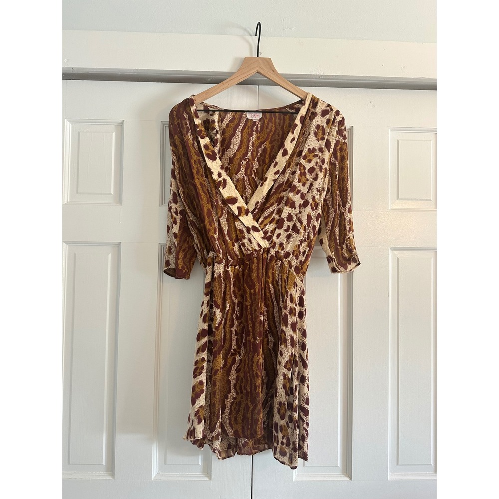 Parker Womens Brown Silk Animal Print V-Neck Faux Wrap Mini Dress Size M